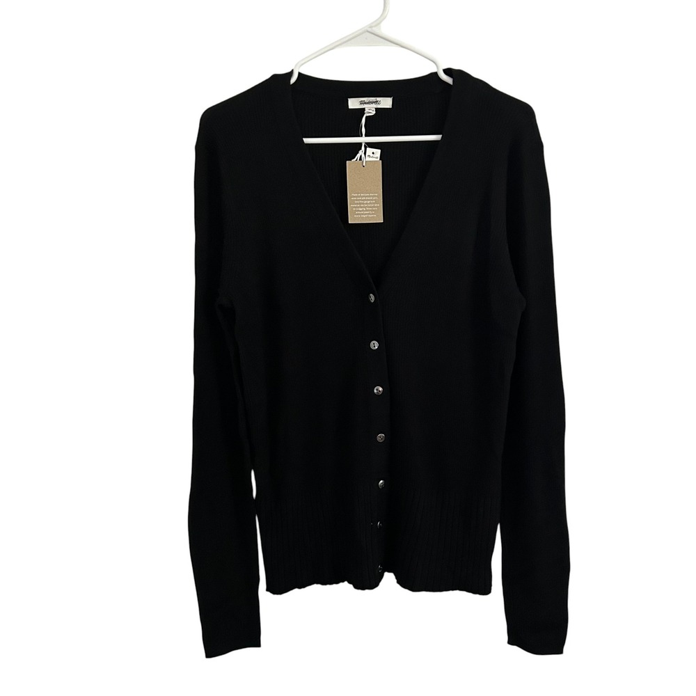 Madewell Womens Black Merino Wool Silk Blend V-Neck Button Front Cardigan XL New - Picture 2 of 10